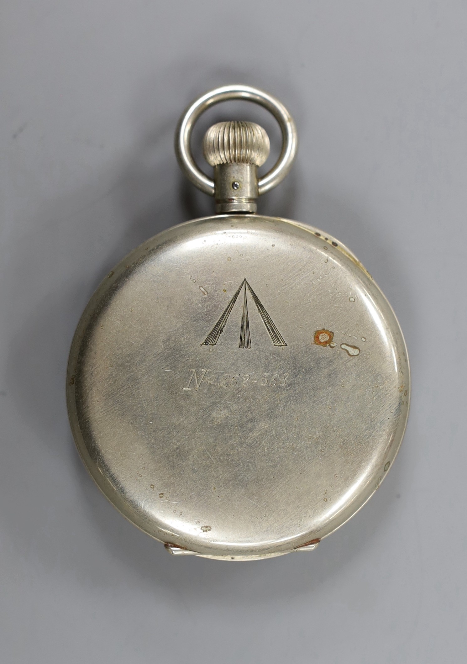 A cased military issue S. Smith & Son Ltd nickel cased chronoscope (chronograph), case back engraved with broad arrow and No. 252-368, case diameter 57mm